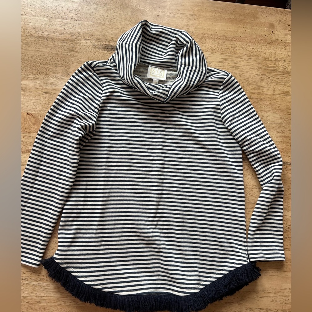 Sail To Sable Striped Cowl Neck Navy Striped Fringe Sweater size M